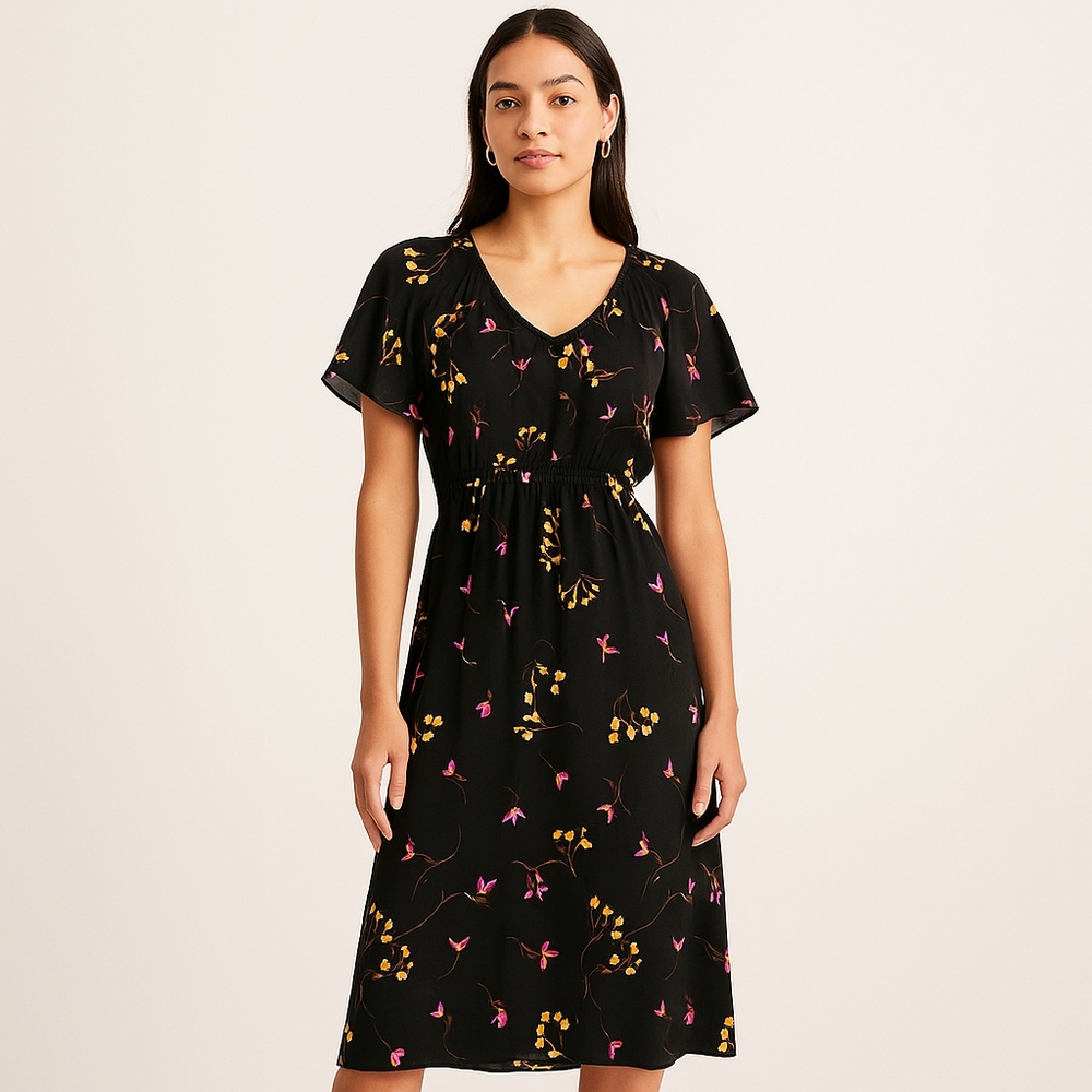 Madewell Women's Black Floral Midi Dress Size Small  Short Sleeve, Elastic Waist